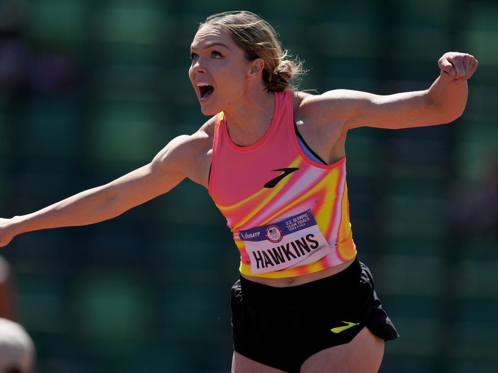 Chari Hawkins competes in the women's heptathlon javelin throw during the U.S. Track and Field Olympic Team Trials Monday, June 24, 2024, in Eugene, Ore. 