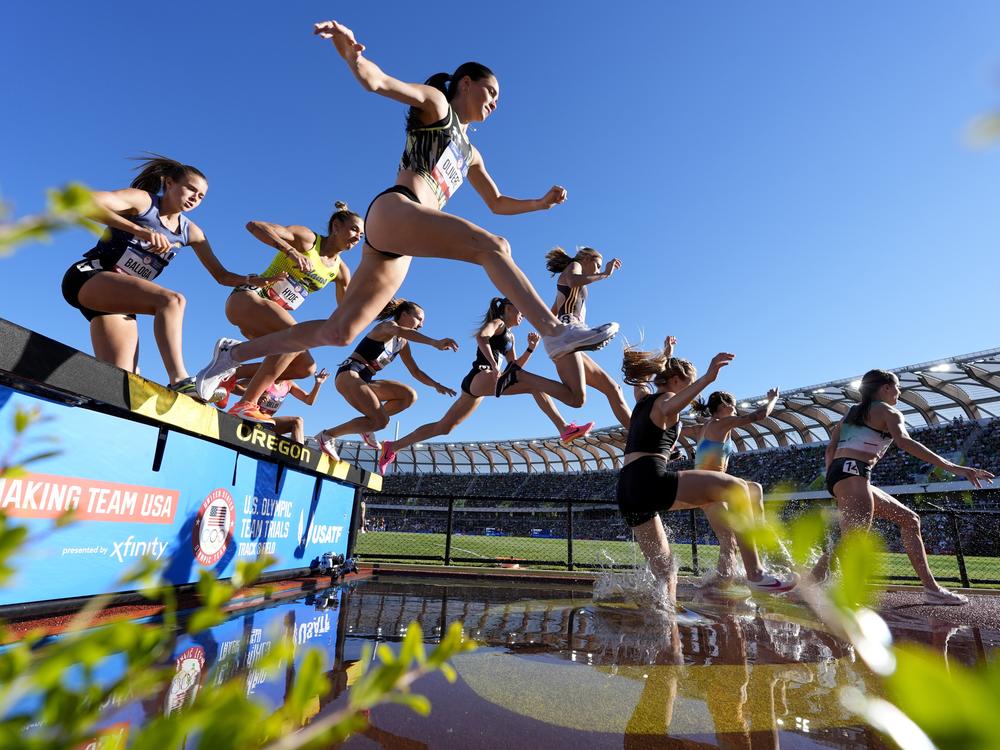 Runners compete in the women's 3000-meter steeplechase at the U.S. Track and Field Olympic Team Trials, Monday, June 24, 2024, in Eugene, Ore. 