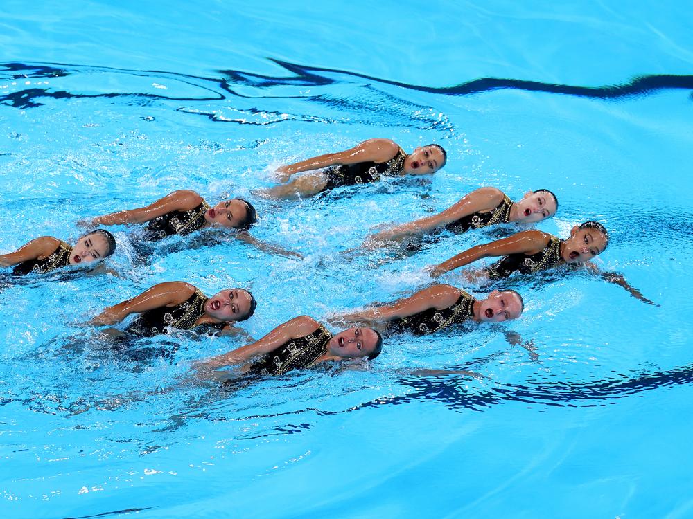 Members of Team USA Artistic Swimming compete in the Team Technical Routine on day ten of the 2024 Olympic Games in Paris.<br>