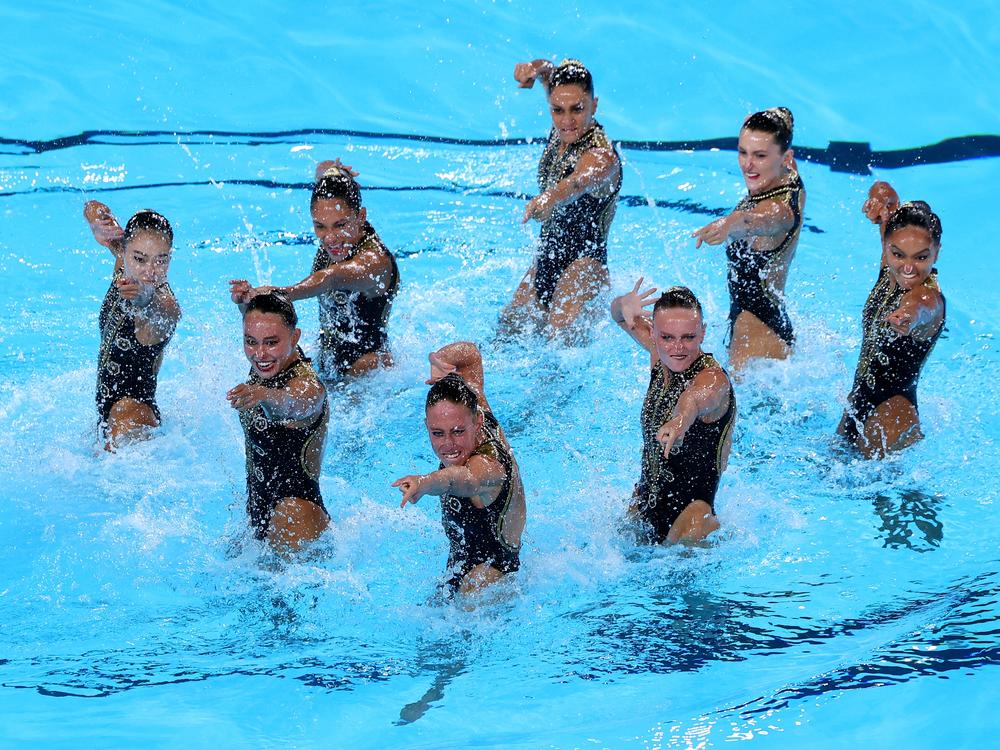 Members of the U.S. artistic swimming team showed their interpretation of Michael Jackson's hit 