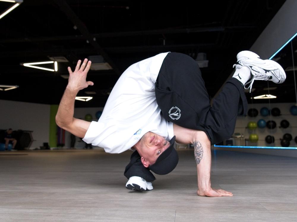 Oleh Kuznetsov, who goes by B-boy Kuzya, performs the freeze element, freezing for a few seconds in unusual and extremely difficult positions.