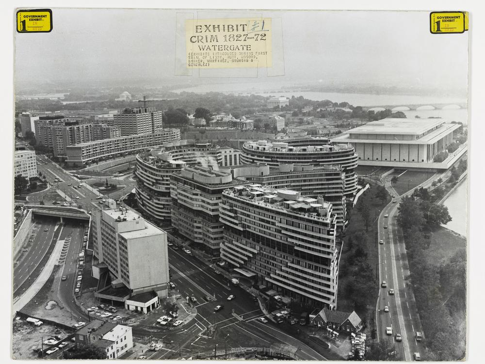 The Watergate complex (center) of offices, apartments and hotel is shown with affixed evidence stickers from the trial of the so-called Watergate Seven), Washington D.C., 1972. The trial -- which began in January 1973 -- was related to the June 17, 1972 break-in at the Democratic National Committee headquarters, located in the complex, and which, ultimately, lead to the resignation of President Richard Nixon.