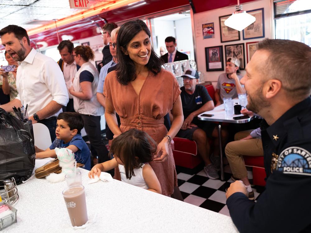 Usha Vance, wife of Republican vice presidential nominee JD Vance, speaks with diners at the Park Diner in St. Cloud, Minn., on July 28. 