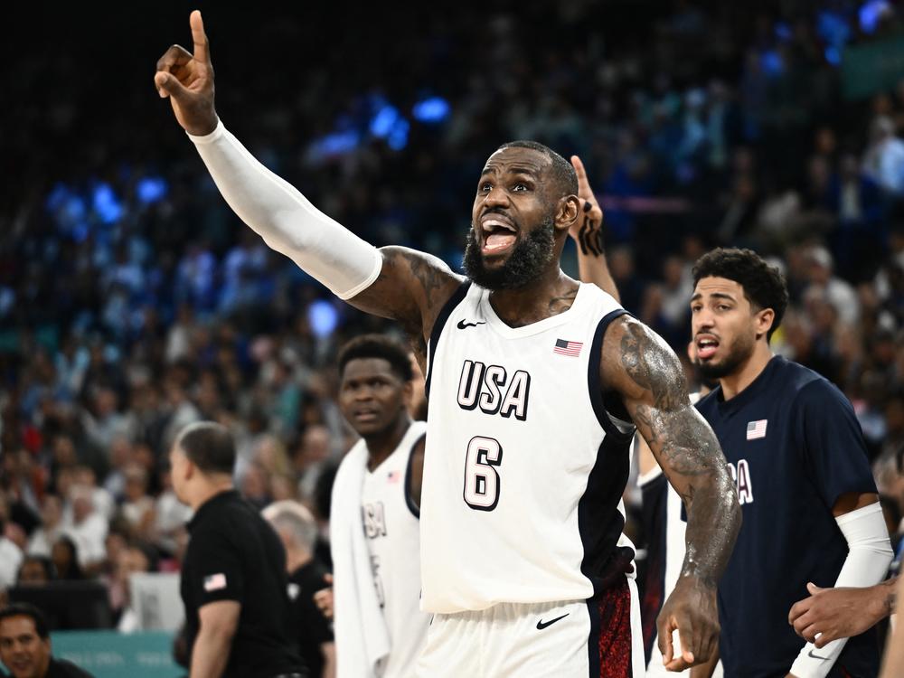 USA's LeBron James reacts during the men's semifinal basketball game against Serbia during the Paris 2024 Olympic Games at Bercy Arena on Thursday. The U.S. trailed Serbia most of the game but won 95-91.
