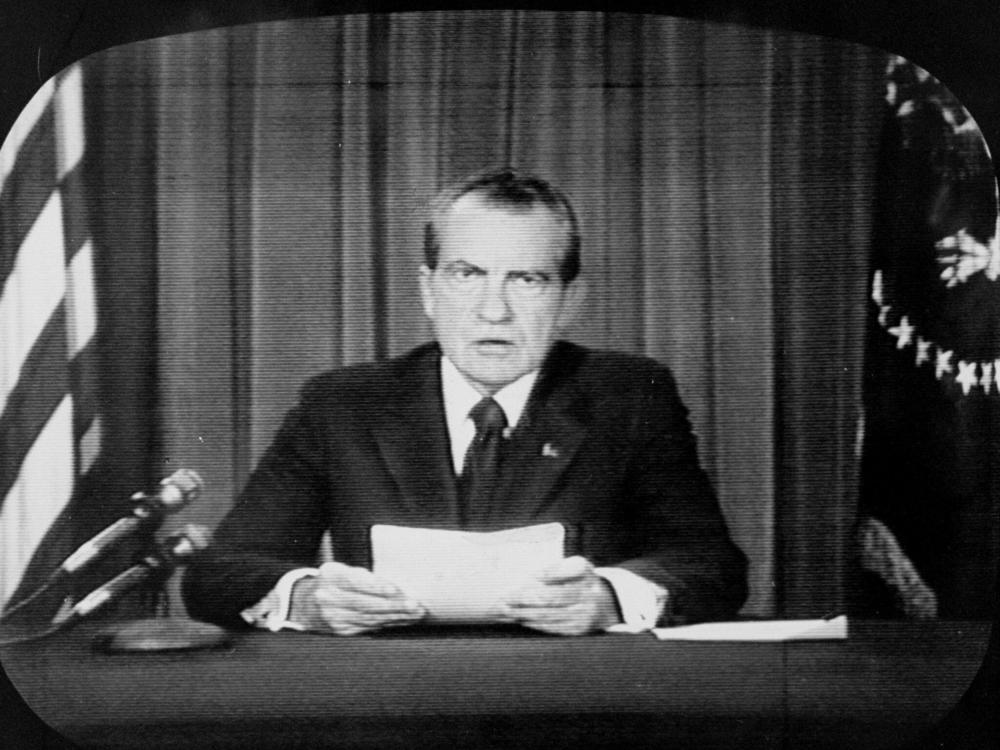 TV image of President Richard Nixon announcing his decision to resign. 