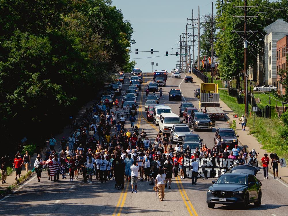 Hundreds of demonstrators take to the streets, during a unity march commemorating a decade after Michael Brown Jr.’s police killing in Ferguson.
