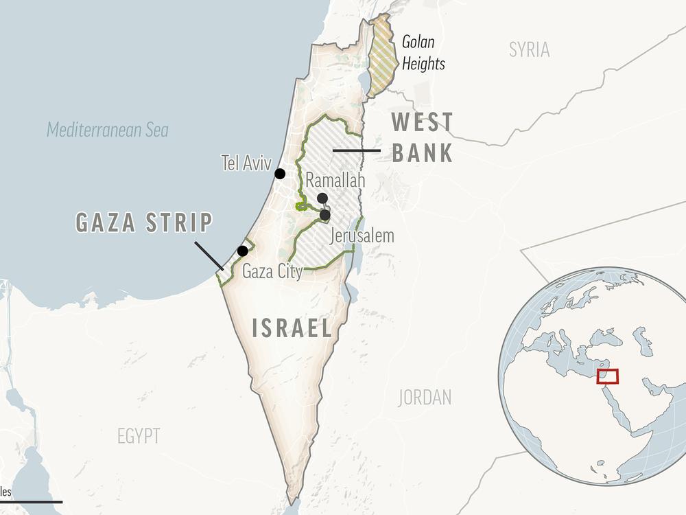 This is a locator map of Israel and the Palestinian Territories. 
