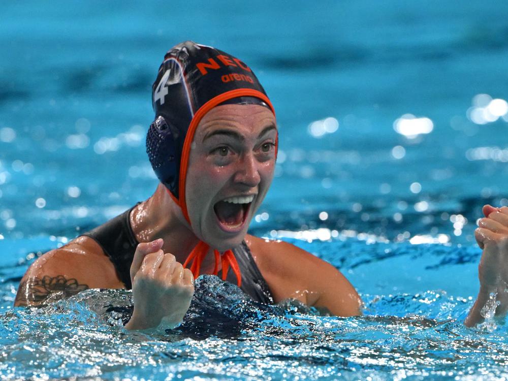 Sabrina Van Der Sloot of the Netherlands celebrates scoring a goal in the women's water polo bronze medal match between USA and the Netherlands during the Paris 2024 Olympic Games. Netherlands defeated the three-time defending gold medalists 11-10 on Saturday.