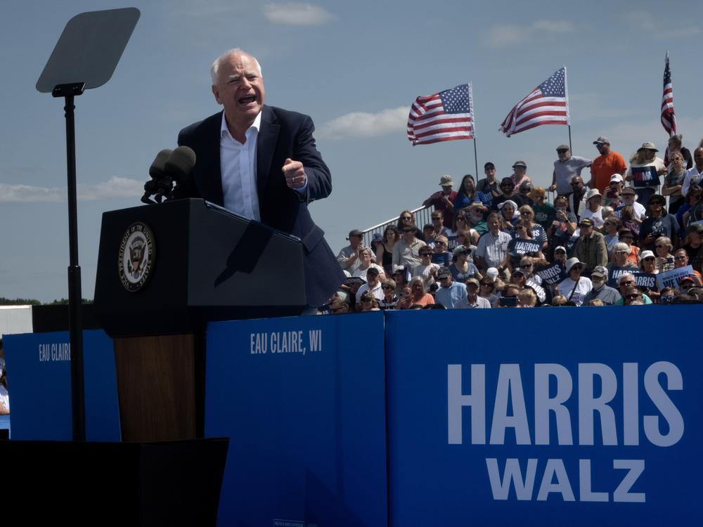 Minnesota Gov. Tim Walz, the Democratic vice presidential candidate, speaks at a campaign rally in Eau Claire, Wis., on Wednesday. 