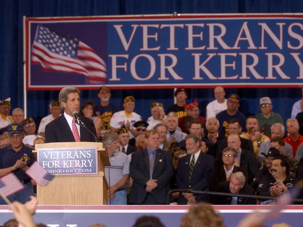 Senator John Kerry, D-Mass., speaks at a rally to roll out his Veterans for Kerry campaign on June 4, 2004, in Minneapolis while running for president. 