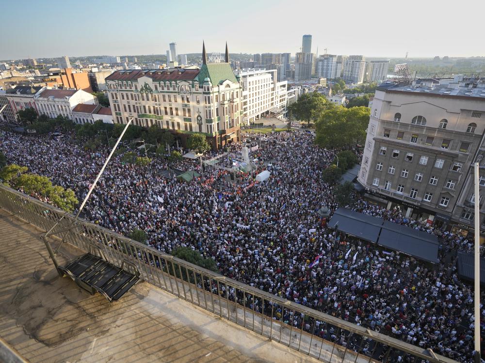 People attend a protest against pollution and the exploitation of a lithium mine in the country in Belgrade, Serbia, on Saturday. 