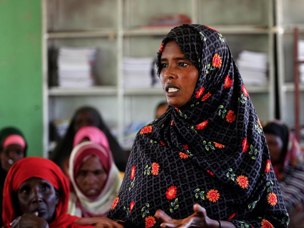 Halemu Hassan Ali speaks during a session on farming at her school in the village of Tuli Guleed. She and other farmers are deepening their agricultural skills to increase crop yields in the Somali region of Ethiopia.