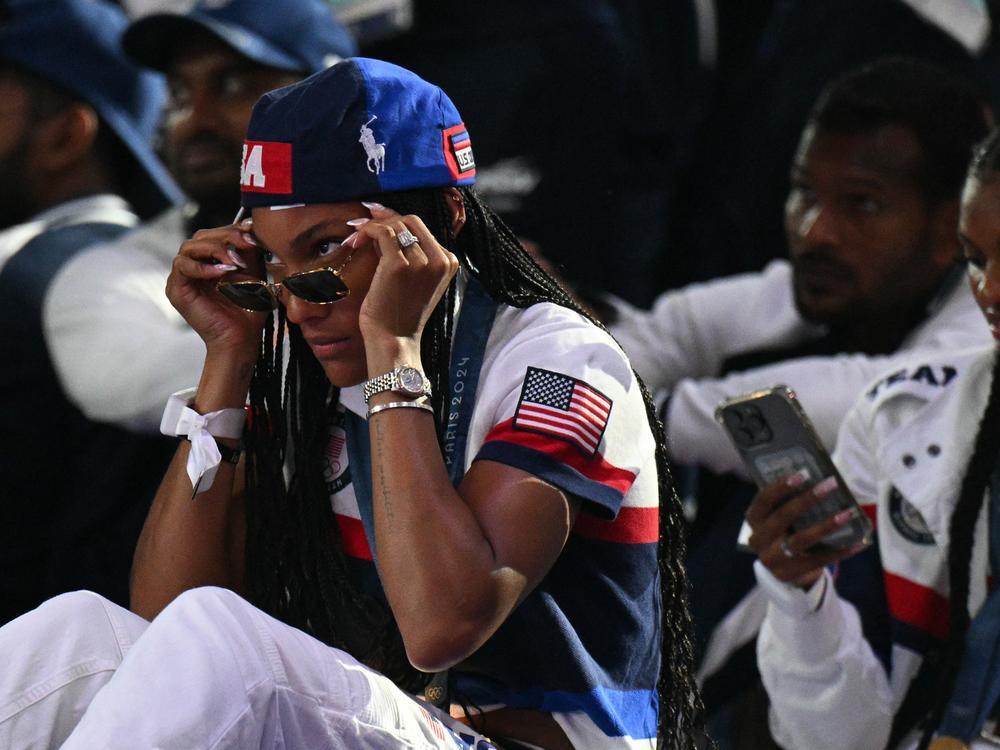 Gold medalist for the women's long jump, Tara Davis-Woodhall of the United States, reacts during the closing ceremony on Sunday.
