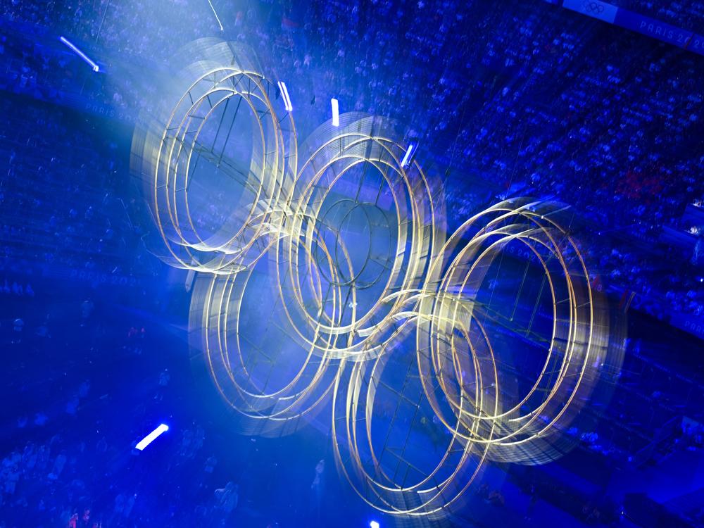 An overview shows the Olympic rings during the closing ceremony of the Paris 2024 Olympic Games at the Stade de France, in Saint-Denis, in the outskirts of Paris, on Sunday.