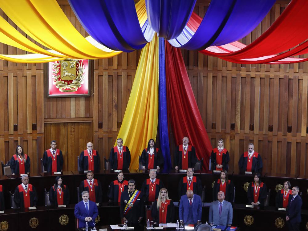 Front row, from left: Venezuela's attorney general, Tarek William Saab; President Nicolás Maduro; Supreme Court President Caryslia Rodríguez; National Assembly President Jorge Rodríguez; and the president of the National Electoral Council, Elvis Amoroso. They are attending a ceremony in the Supreme Court building in Caracas on Jan. 31.