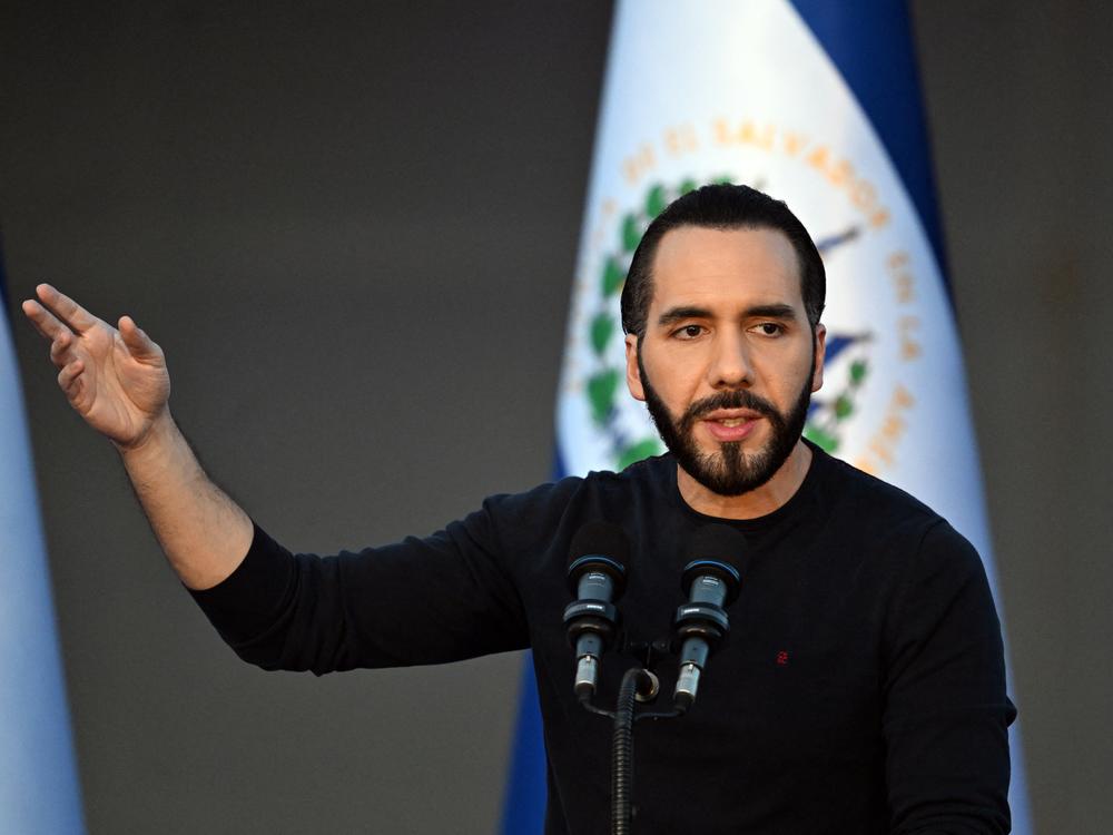 Salvadoran President Nayib Bukele gestures during the inauguration of the Data Trust technology center in Ciudad Arce, El Salvador, on July 16.