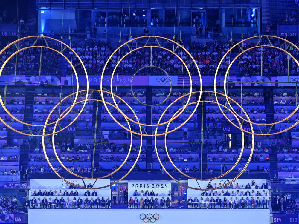The Olympic rings are displayed during the closing ceremony of the Paris 2024 Olympic Games at the Stade de France, in Saint-Denis, in the outskirts of Paris, on Sunday.