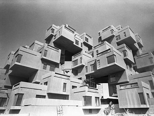 Habitat 67, a prefabricated housing structure designed by Israel-born Canadian architect Moshe Safdie for Expo 67. It's made up of a basic structural unit of precast concrete, 38 1/2 feet long, 17 1/2 feet wide and 10 feet high, which is finished off with a kitchen, bathroom, fixtures and other living features.