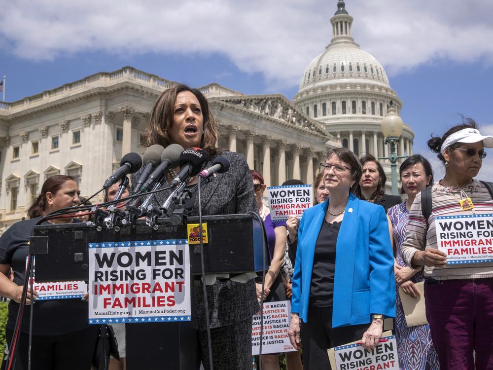 Sen. Kamala Harris, D-Calif., joins an women's advocacy group, MomsRising, to protest against threats by President Donald Trump against Central American asylum-seekers to separate children from their parents along the southwest border to deter migrants from crossing into the United States, at the Capitol in Washington, Wednesday, May 23, 2018. (AP Photo/J. Scott Applewhite)