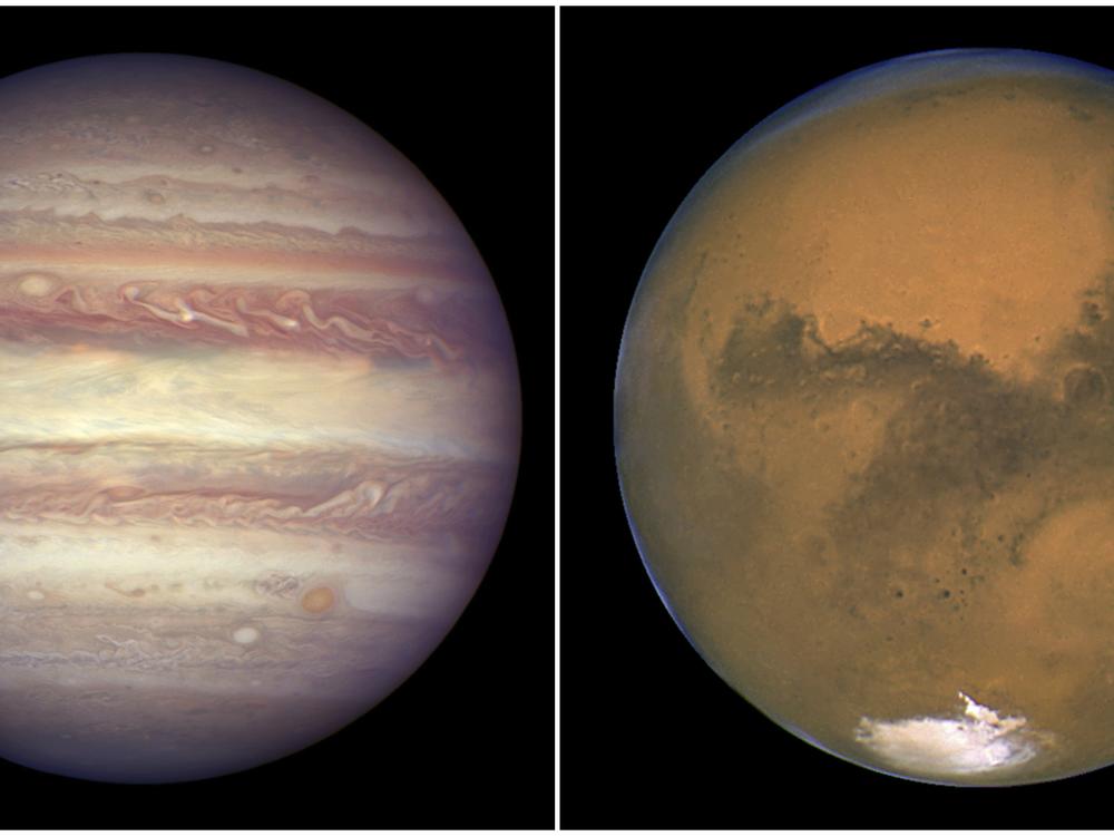 This combination image, created from two photos provided by NASA, shows Jupiter in 2017 (left) and Mars in 2003. From Earth, the two planets will appear to be almost touching later this week.
