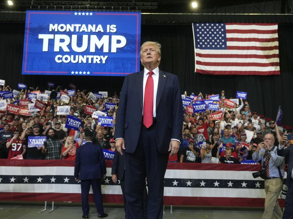 Former President Donald Trump arrives for a campaign rally in Bozeman, Mont., on Friday, Aug. 9.