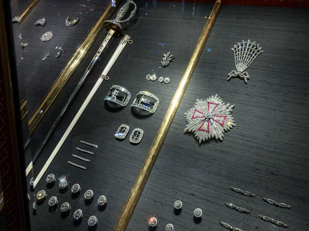 Some of the recovered jewelry is seen in a display case in the Green Vault on Tuesday.