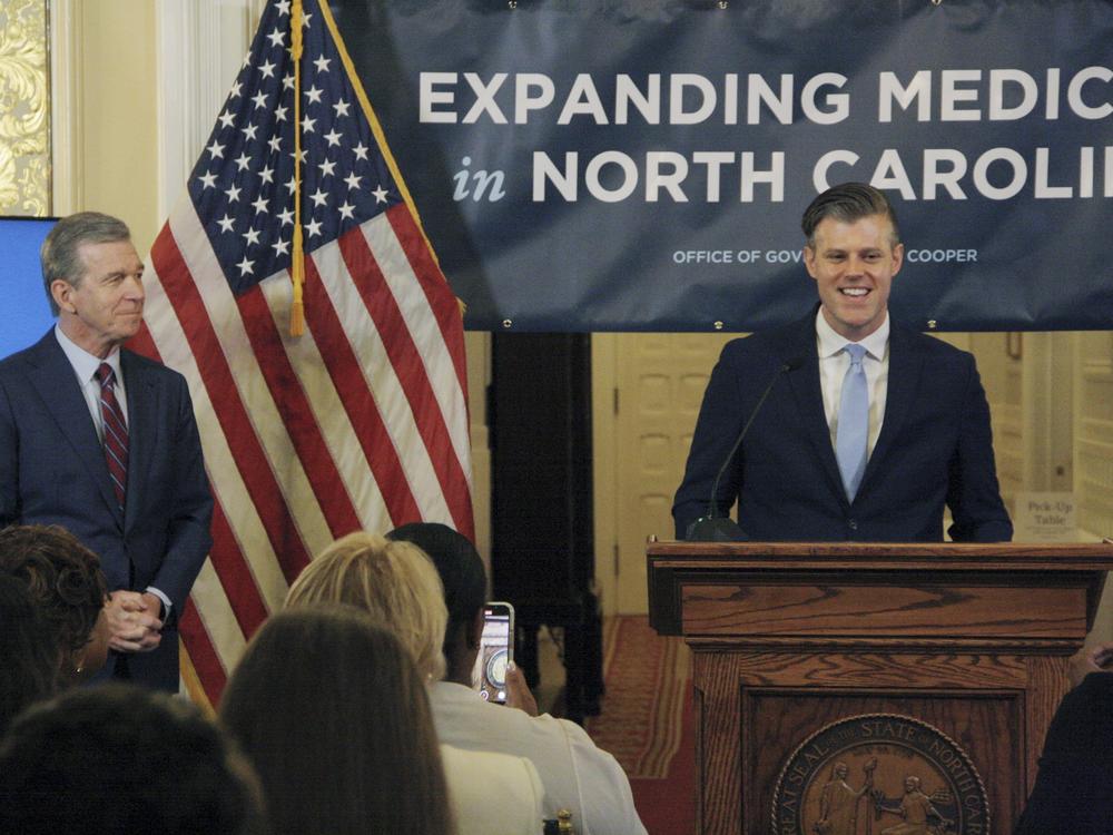 North Carolina Department of Health and Human Services secretary Kody Kinsley discusses the impact of Medicaid expansion on prescriptions during a news conference at the North Carolina Executive Mansion in Raleigh, N.C., on Friday, July 12, 2024. When the state expanded access to Medicaid in December,  more than 500,000 residents gained access to health coverage. 