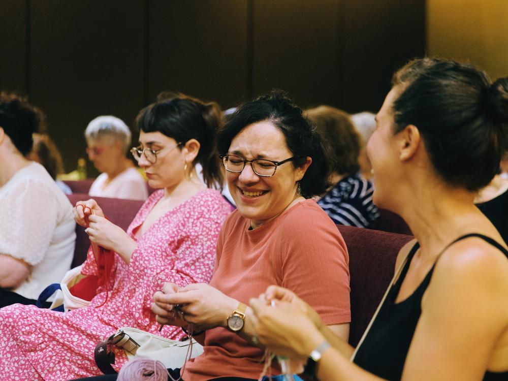 Fiber friends laugh together at 