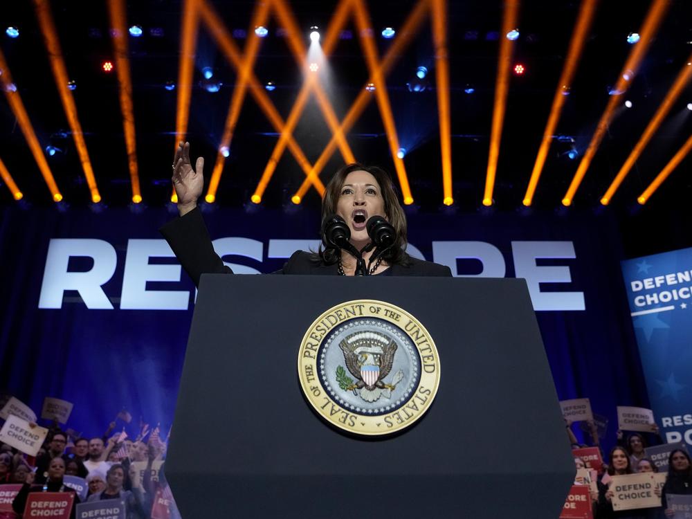 In this file photo, Vice President Harris speaks at an event in Manassas, Va., on Jan. 23, 2024, to campaign for abortion rights. Harris will commemorate her historic nomination in Chicago this week as Democrats hold their convention against the backdrop of a state that has become a hub for abortion access.