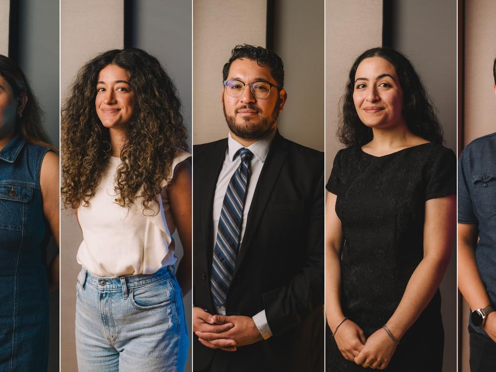 Left to right: Lucero Lopez, Jasmine Perez Moreno, Josue Rodriguez, Raneem Le Roux, and Jossue Ureno pose for a portrait at The Leroy and Lucile Melcher Center for Public Broadcasting on Thursday, Aug. 1, 2024, in Houston. 