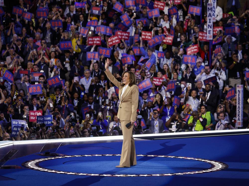 Democratic presidential candidate, U.S. Vice President Kamala Harris speaks onstage during the first day of the Democratic National Convention at the United Center on August 19, 2024 in Chicago, Illinois.