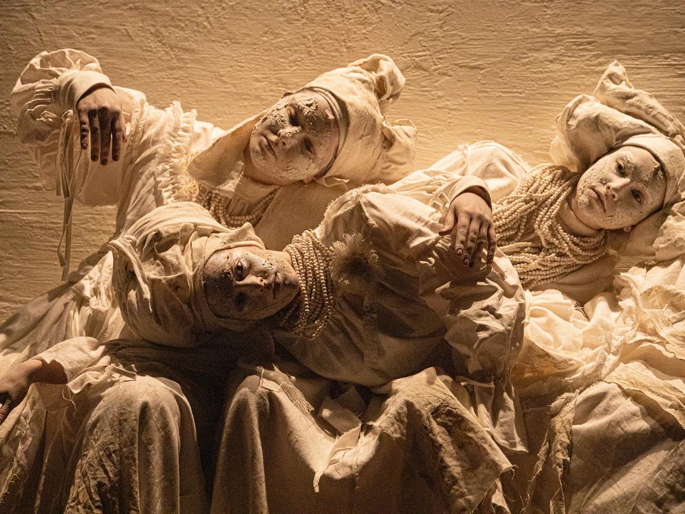 Witches have long been a staple of Ukrainian folklore. Believed to have other-worldly powers, they were often scapegoats for when bad things happened — such as droughts, floods or disease. In the play, the witches — seen here played by Anna Rudenko, Anastasiia Rula and Kateryna Artemenko — serve as a chorus and a plot device.