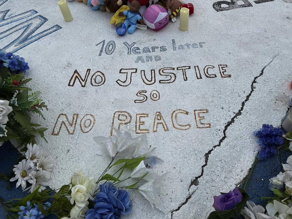 A memorial to Michael Brown is displayed on Canfield Drive in Ferguson, Mo., on Aug. 7.