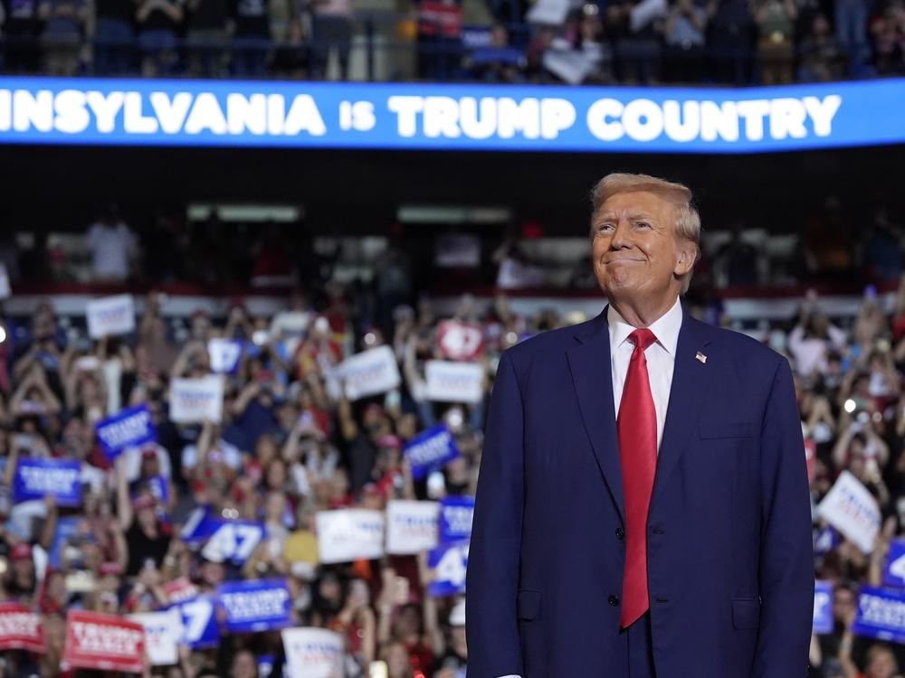 Republican presidential nominee former President Donald Trump arrives to speak at a campaign rally Saturday, Aug. 17 in Wilkes-Barre, Pa. Trump and his campaign have planned a week of events, including stops in Pennsylvania, to counter the Democratic National Convention this week in Chicago. 
