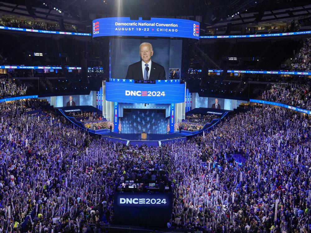President Biden speaks during the Democratic National Convention on Monday in Chicago's United Center Stadium. 