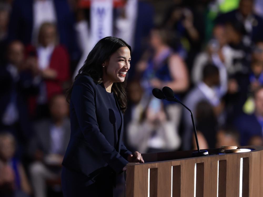 Rep. Alexandria Ocasio-Cortez (D-NY) speaks onstage during the first day of the Democratic National Convention at the United Center on August 19, 2024 in Chicago, Illinois. 