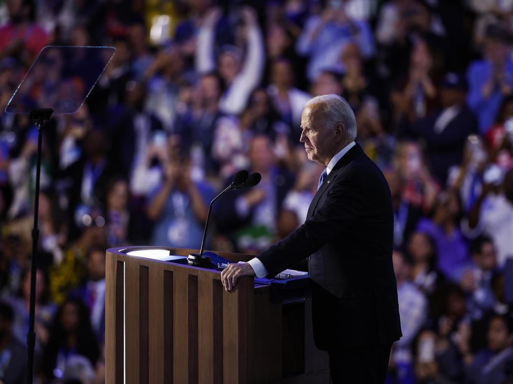 President Joe Biden speaks onstage during the first day of the Democratic National Convention at the United Center on August 19, 2024 in Chicago.