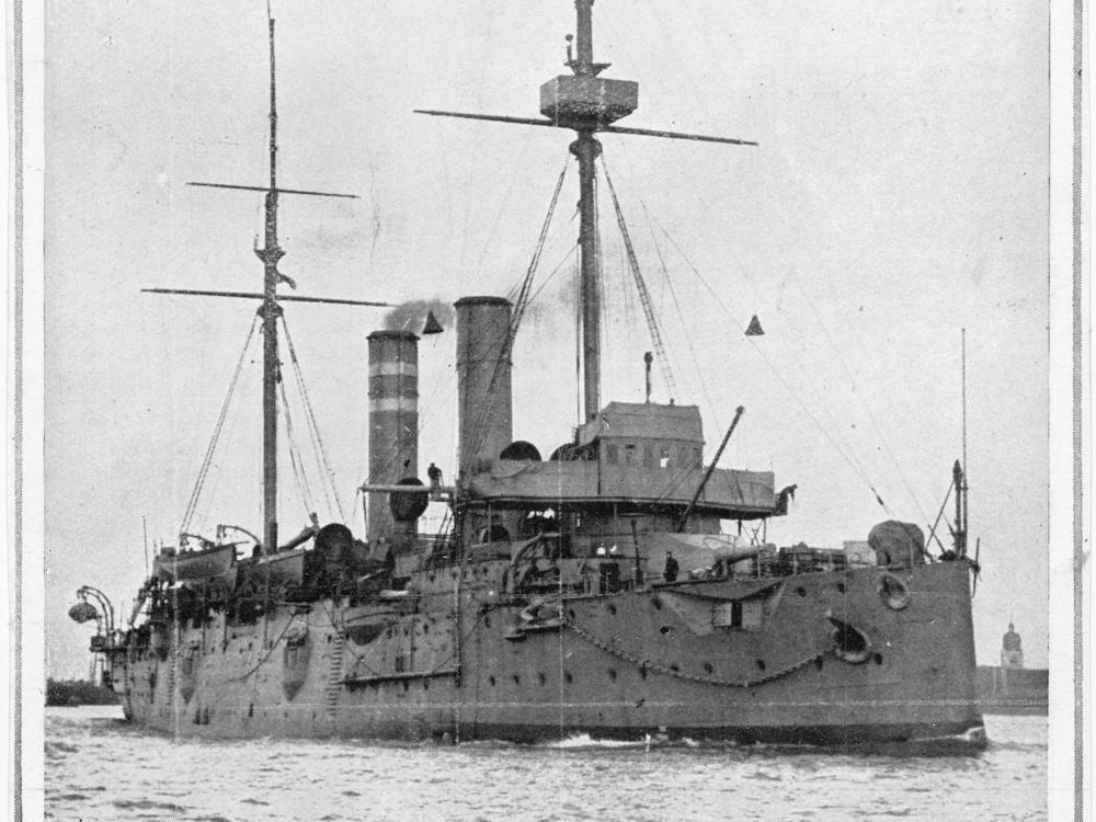 British warship HMS Hawke is seen circa 1910. It was used as a converted depot ship for destroyers and submarines during World War I and sunk by a German submarine in the North Sea on Oct. 15, 1914.