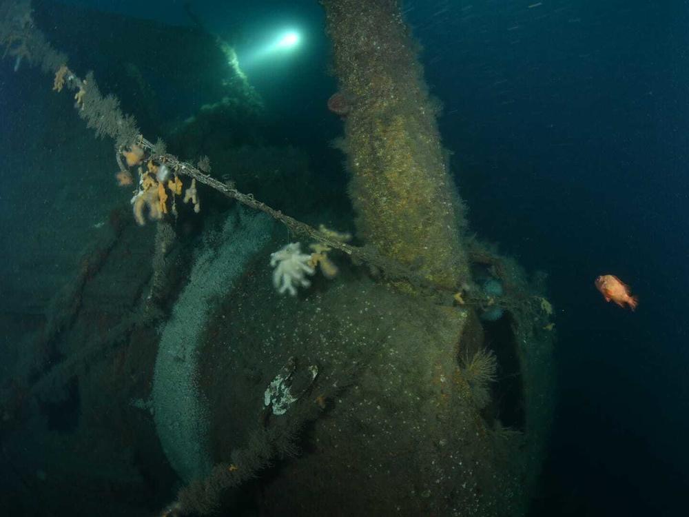 Part of the wreckage of the HMS Hawke is seen in the waters off Scotland's coast.