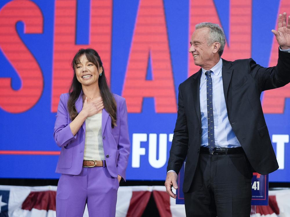 Nicole Shanahan appears on stage after presidential candidate Robert F. Kennedy Jr. announces her as his running mate during a campaign event on March 26.