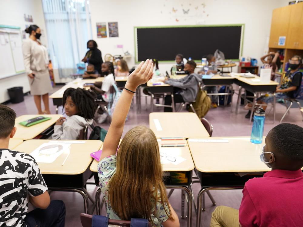 A student raises their hand in a classroom at Tussahaw Elementary school Aug. 4, 2021, in McDonough, Ga.