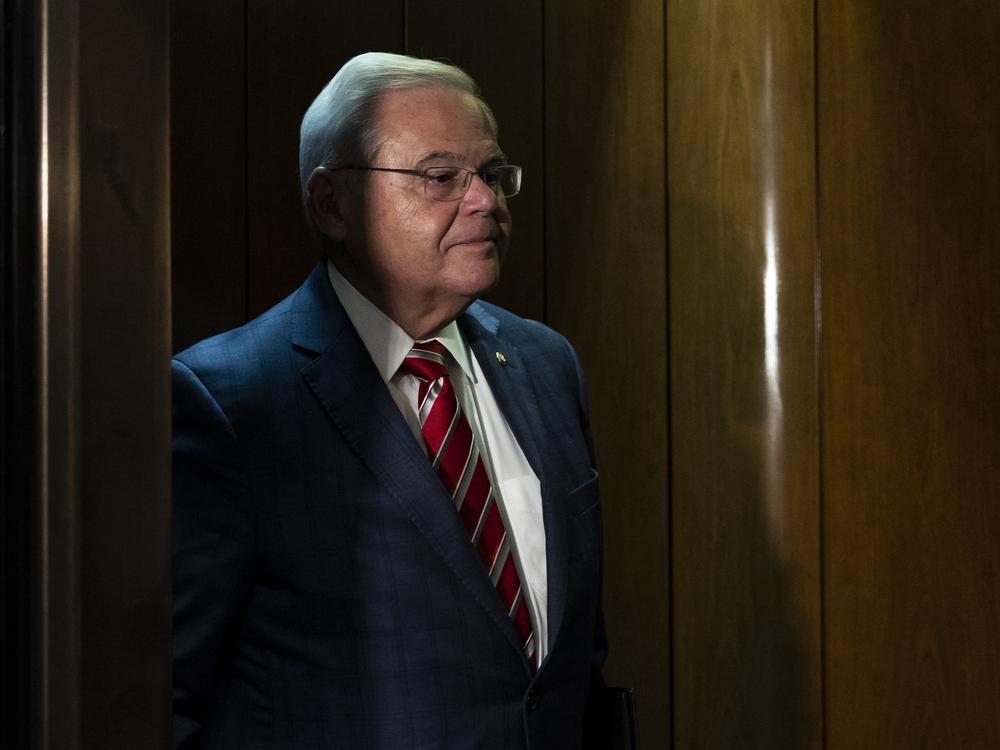Sen. Bob Menendez, D-N.J. stands in an elevator after leaving his office in Washington, DC. on Sept. 28, 2023.
