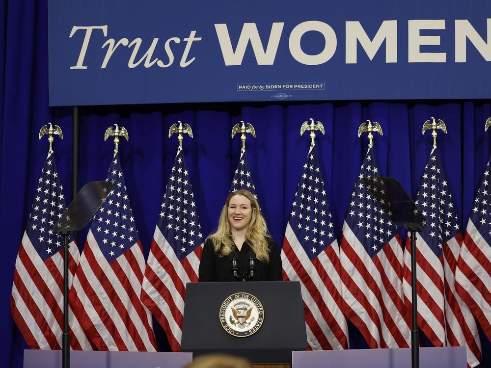 Kate Cox introduces U.S. Vice President Kamala Harris, at an event on reproductive rights on June 24, 2024 in College Park, Maryland.