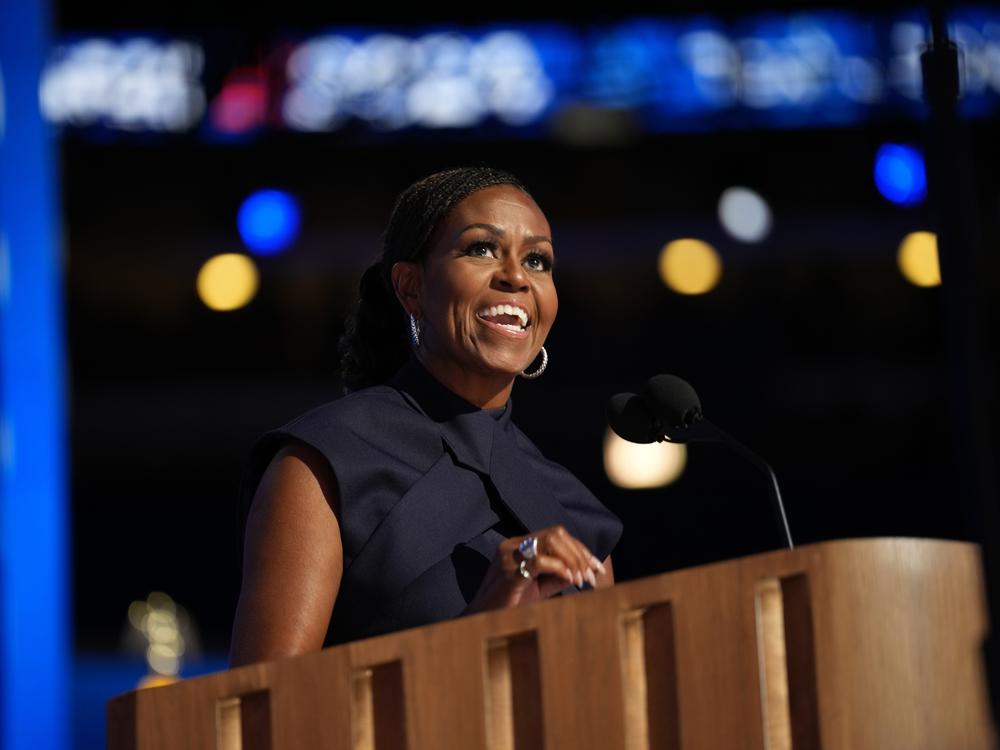 Former first lady Michelle Obama speaks on stage during the second day of the Democratic National Convention in Chicago, Illinois.