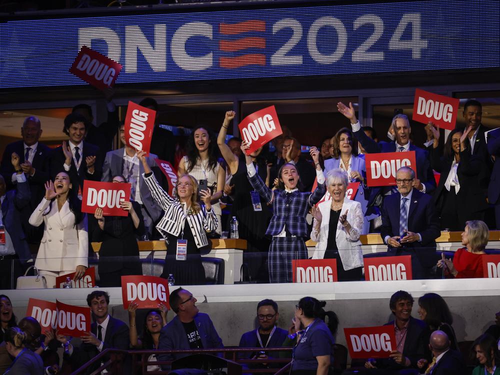 Kerstin Emhoff, Doug Emhoff's first wife, with the rest of the Second Gentleman's family watches his speech on the second day of the Democratic National Convention at the United Center in Chicago, Illinois.