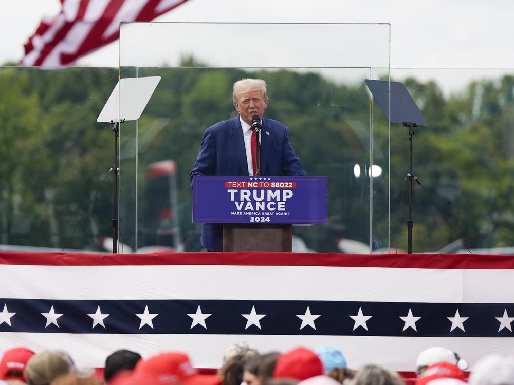 Republican presidential nominee former President Donald Trump speaks during a campaign rally at North Carolina Aviation Museum on Wednesday in Asheboro, N.C. 