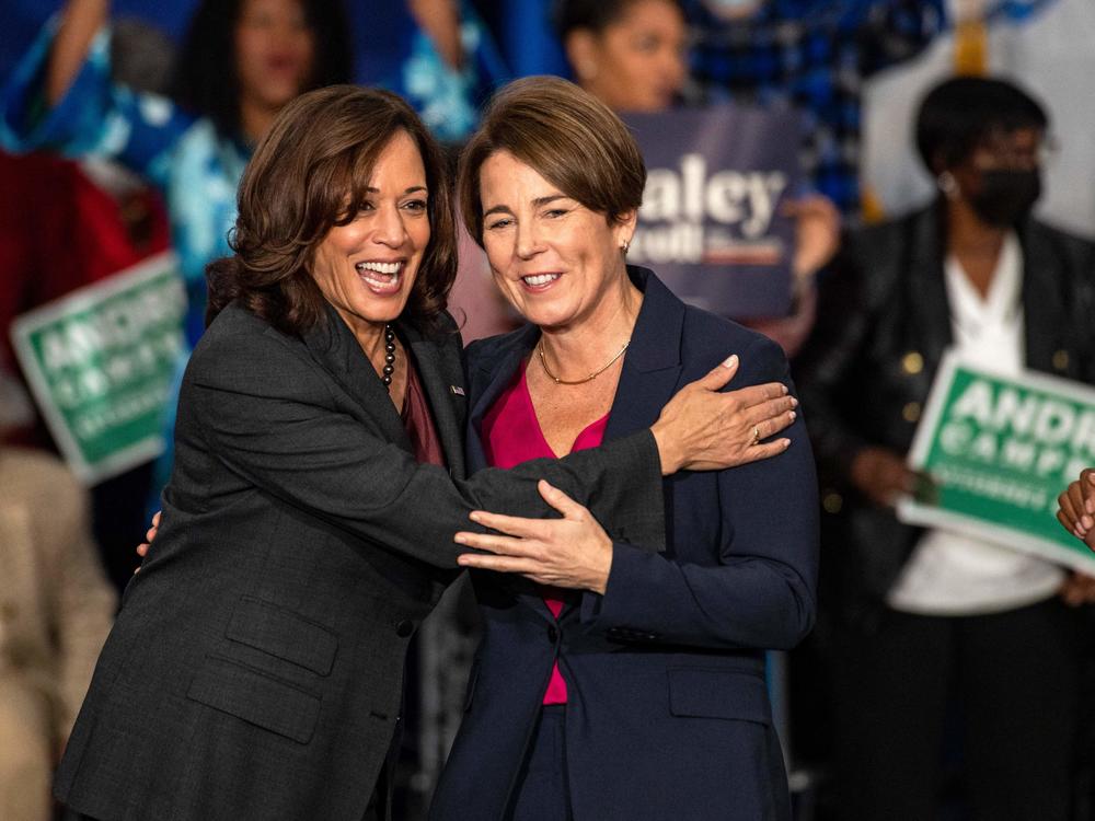 US Vice President Kamala Harris and then candidate Maura Healey in Boston, Massachusetts, on November 2, 2022.