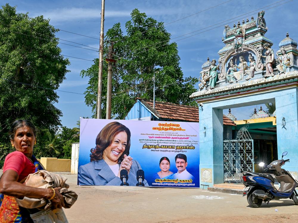A poster shows U.S. Vice President Kamala Harris in her ancestral village of Thulasendrapuram in the Indian state of Tamil Nadu on July 23, after President Biden stepped down as the Democratic Party nominee for president and endorsed Harris.