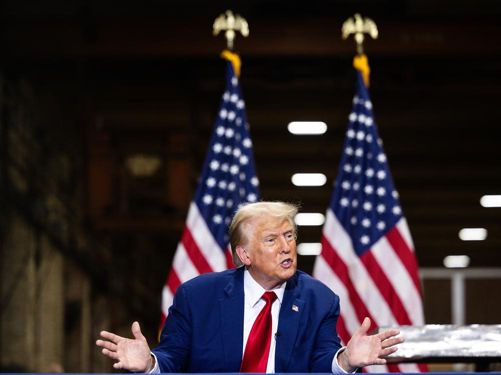 Republican Presidential nominee, former president Donald J. Trump remarks during a campaign event at Precision Custom Components on August 19, 2024 in York, Pa.