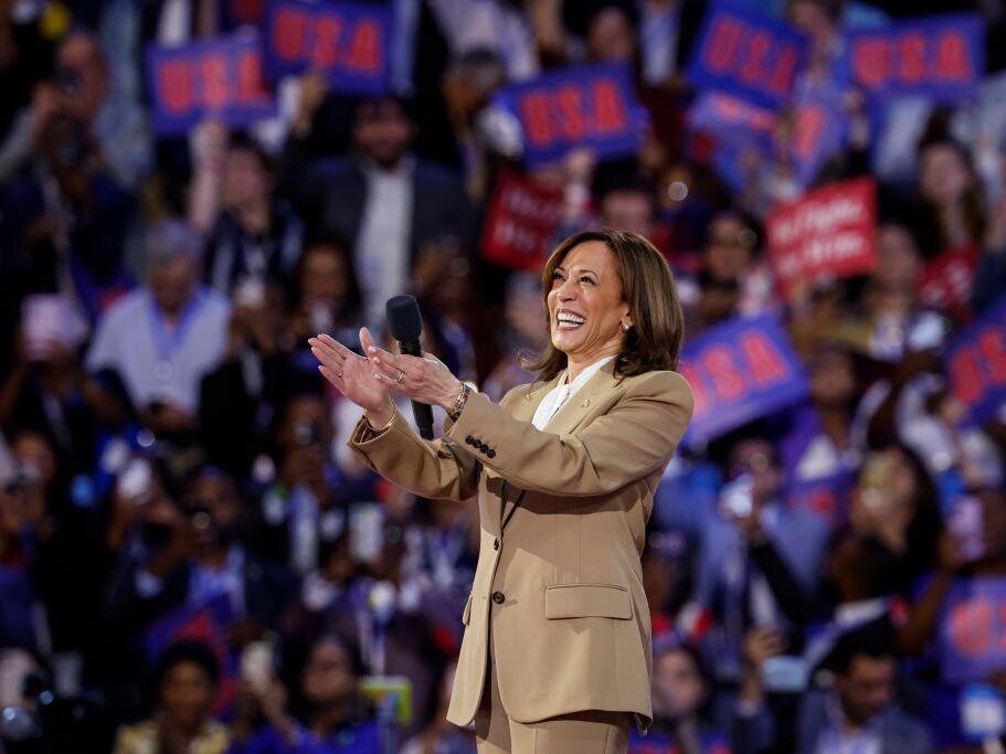 Democratic presidential candidate Vice President Harris speaks onstage during the first day of the Democratic National Convention at the United Center in Chicago on Monday. Her main speech is Thursday night.